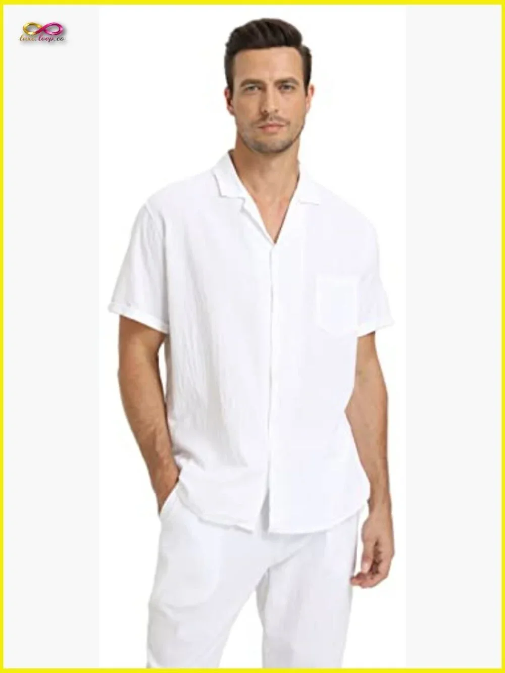 Men's Linen Suit Set Short Sleeve Shirt Yoga Pants Casual Beach Wedding Outfit